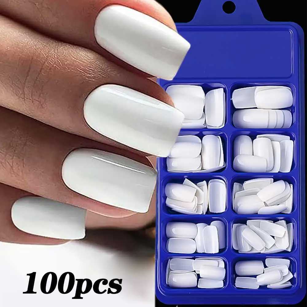 100Pcs Milk White Press On Nails Medium Square Gel False Nails Full Cover Reusable Natural Acrylic Fake Nails Tips FingernailsXJ241025