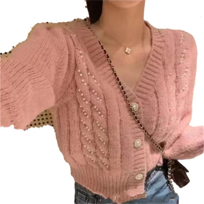 Autumn New Korean Style Fashionable Sweet Pearl Button V Neck Sweater Jacket Slim Fit Short Length Long Sleeved Knitted Cardigan For Women F1025#38