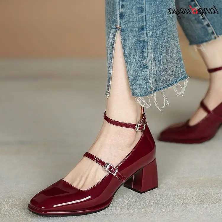 High Quality Womens shoes Mary Jane shoes womens shoes pumps patented leather high heels dresses red wedding shoes spring double buttons T241024