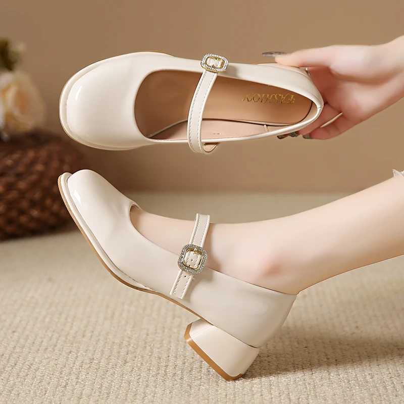 High Quality Womens Pump New Mary Jane Womens Large Belt Buckle Womens Small Leather Shoes Thick High Heels T241024