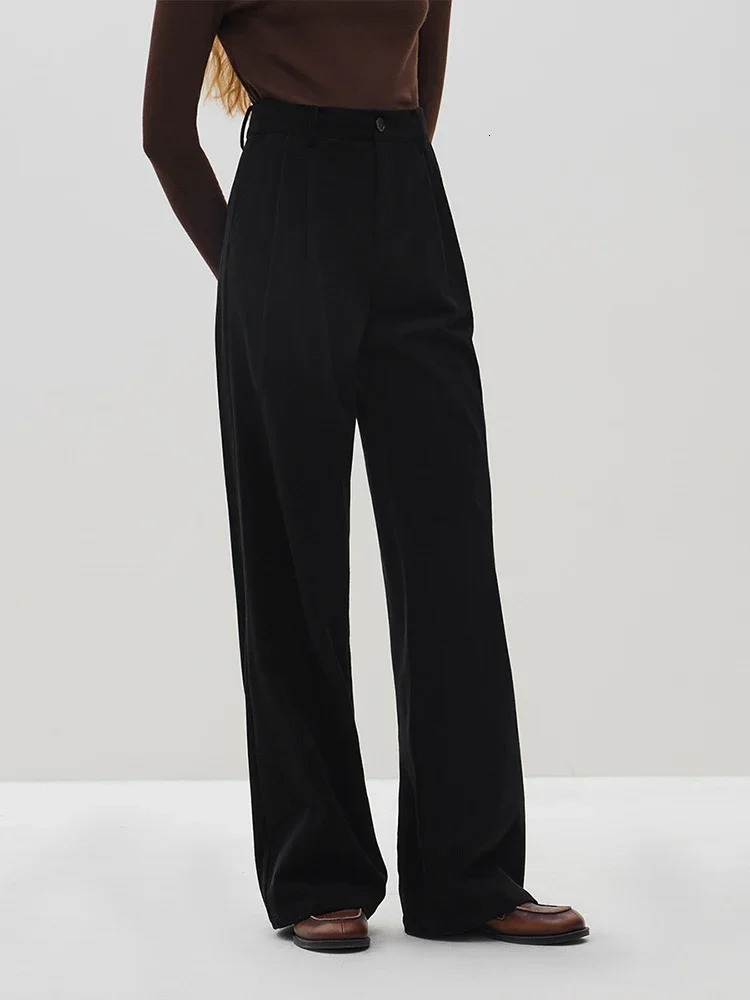 FSLE Retro Style Corduroy Straight Pants For Women Winter Sense High Waist Slimming Warm Casual Solid Color Trousers Female 241024