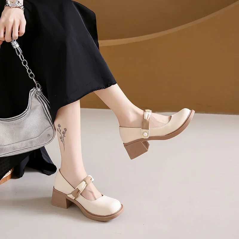 High Quality Mixed color Mary Janes square heel buckle shoes for women Fi spring/autumn light pump Salto Alto T241024