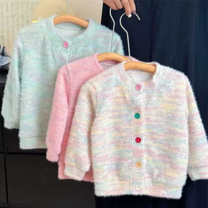 Autumn and Winter Plush Warm Childrens Rainbow Sweater Jacket Fashion Edition Girls Sweater Jacket Cute Girls Top W241025