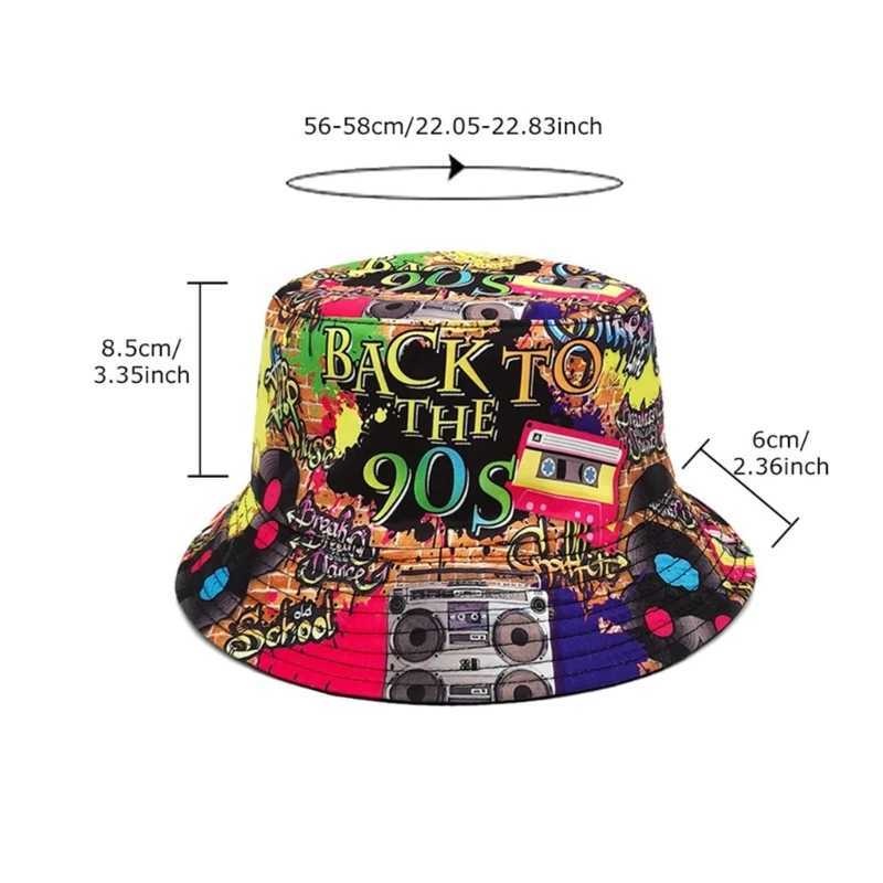 80s 90s Vintage Fishing Hat for Women Men Breathable Colorful Print Cap Sun Protective Hat Double-side Hiphop Bucket HatX241025