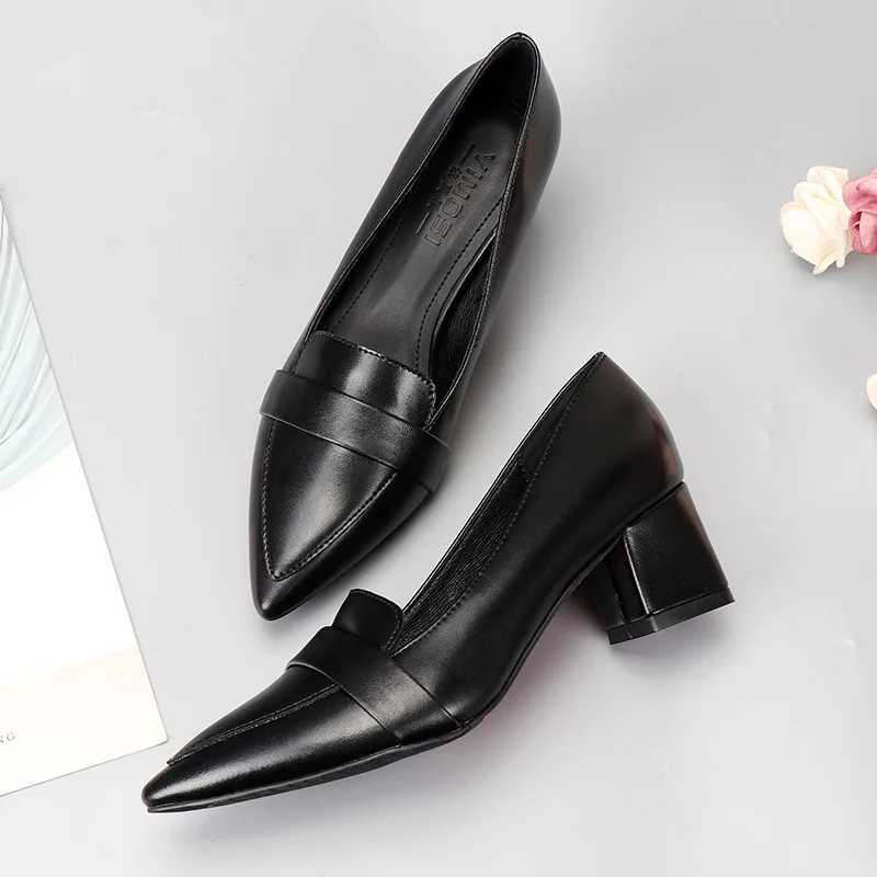 High Quality FI Womens Elegant and Simple Black Pump Soft Bottom Square High Toe Sewing Slide Office Shoes Comfortable T241024