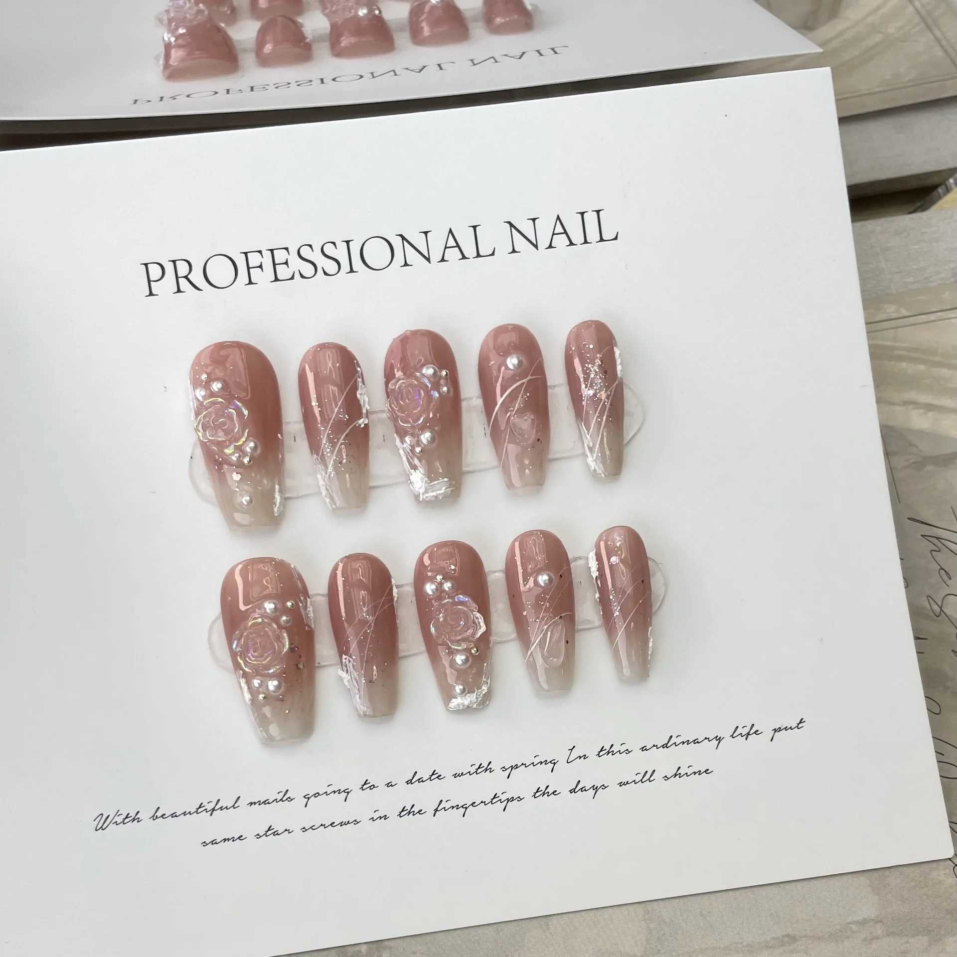 10Pcs Sweet Pink Handmade Press On Nails Ballerina Japanise with Rhinestones Wearable False Nails Decoration Fake Nails Tips ArtXJ241025