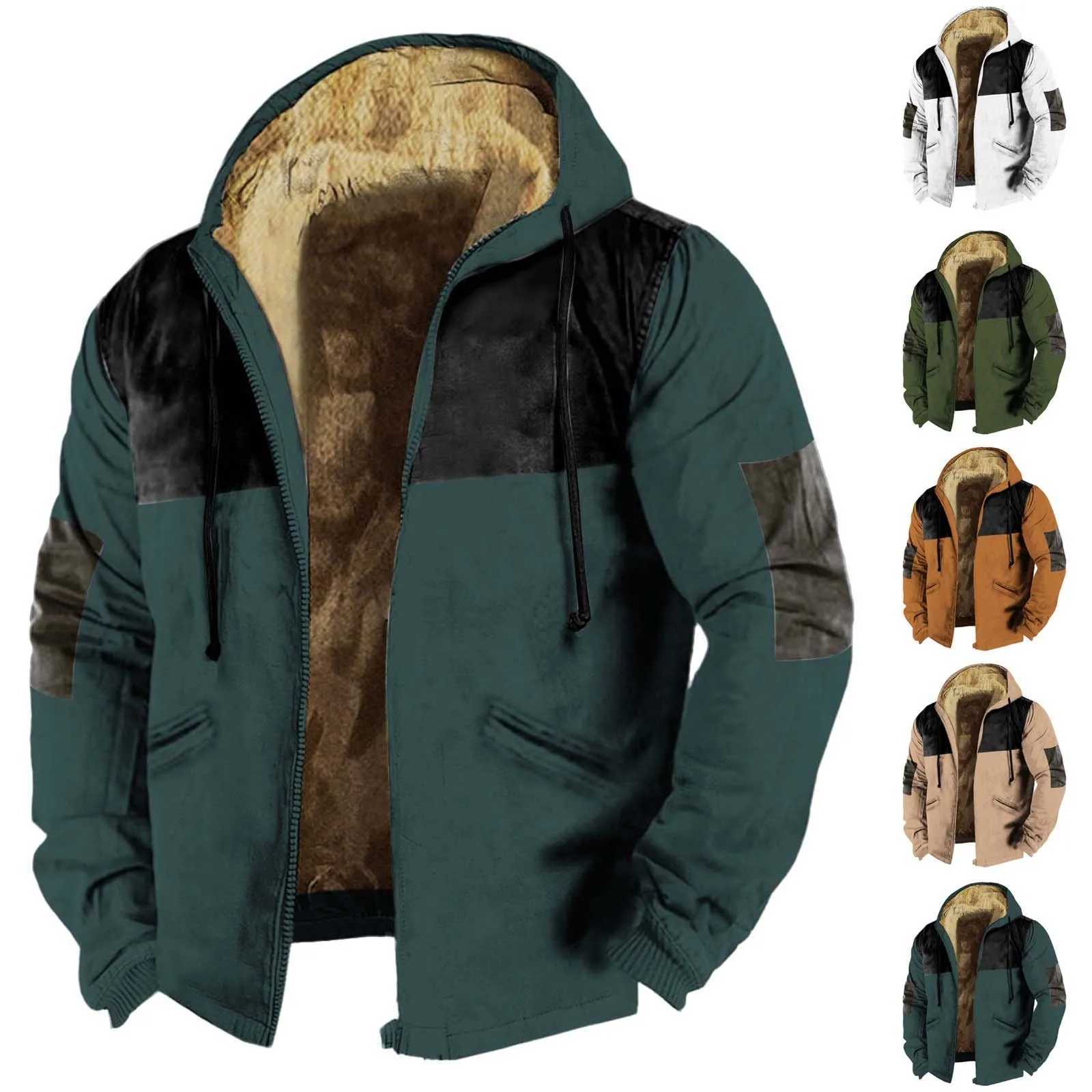 Mens full zipper plush thick warm hooded jacket mens spliced color Ramsworth lined street fashion hooded jacket winter new style W241024