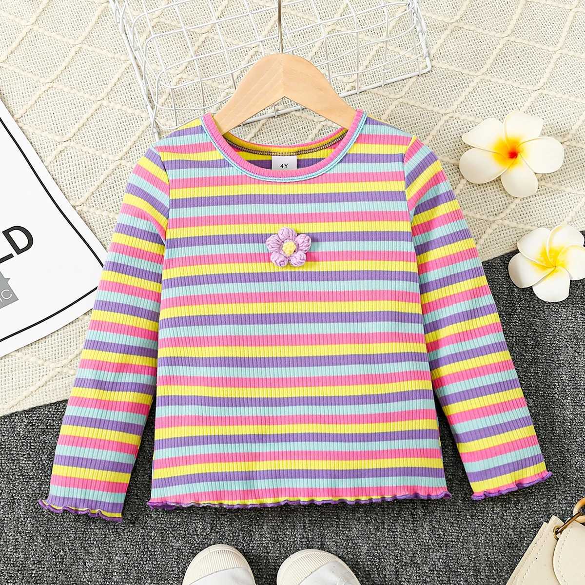 Spring and Autumn Girls Sweater Round Neck Long Sleeve Knitted Stickers Colorful Stripe Pattern Top Fashion Children W241025