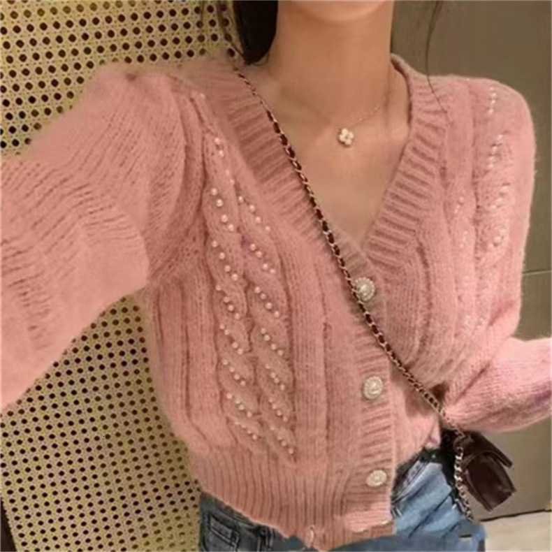 Autumn New Korean Style Fashionable Sweet Pearl Button V Neck Sweater Jacket Slim Fit Short Length Long Sleeved Knitted Cardigan For Women F1025#38