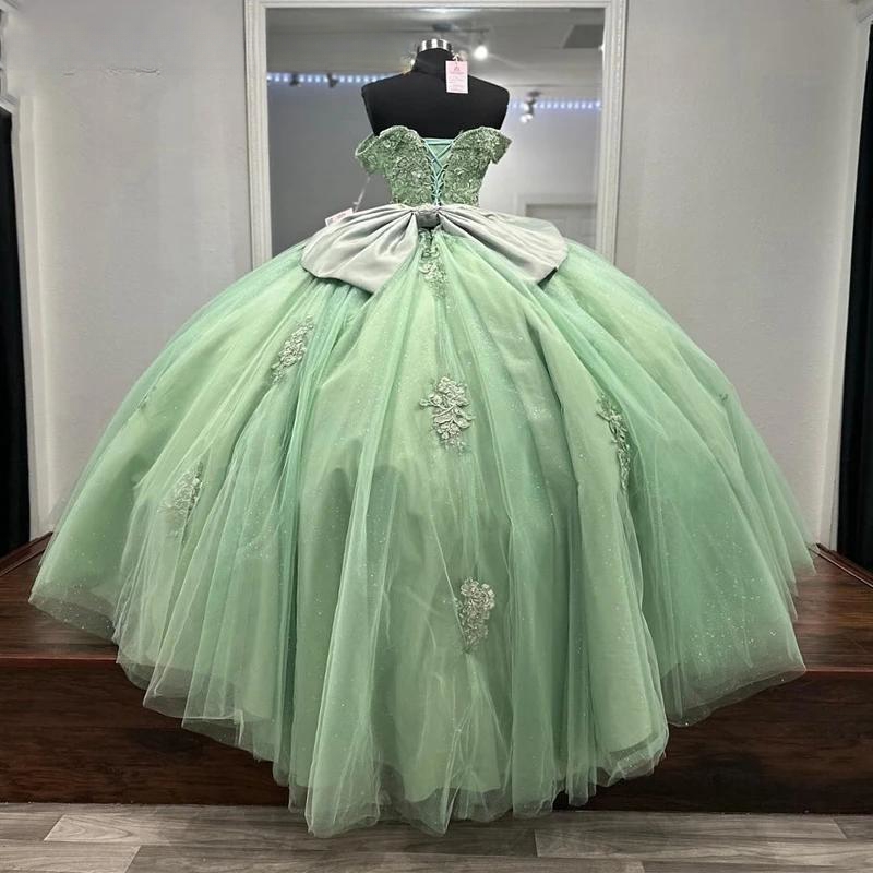Sage Green Shiny Quinceanera Dresses Ball Gown Off The Shoulder Lace Applique Beaded Crystal Bow Tull Corset Sweet 16 Dress Vestidos De 15 Anos
