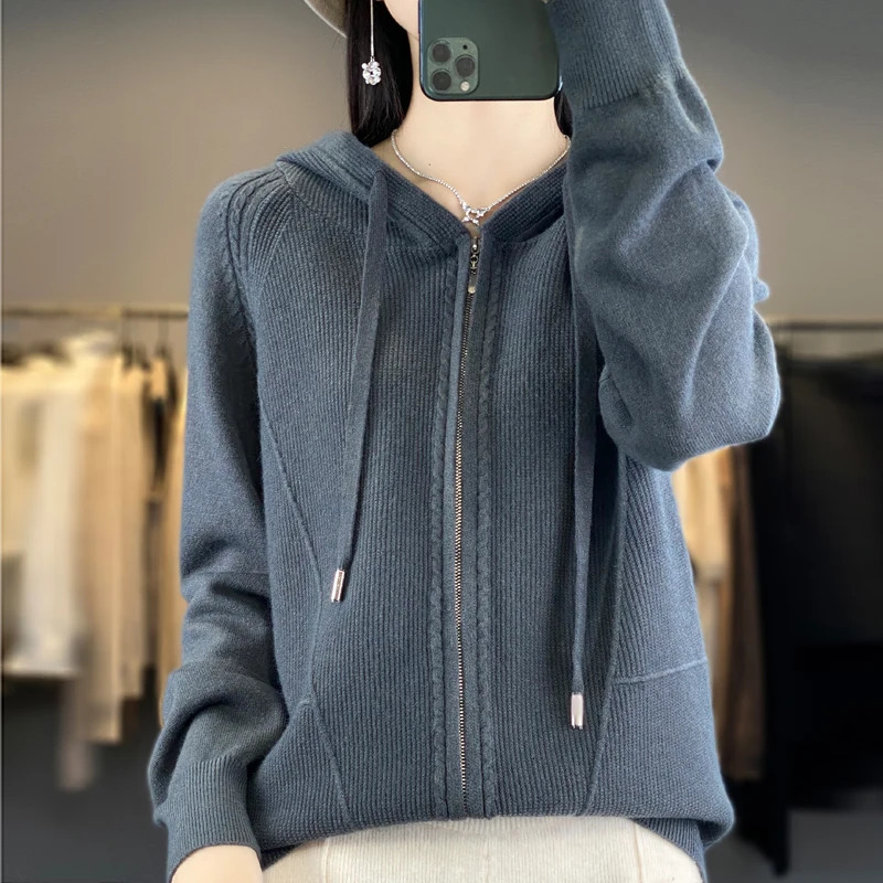 Autumn And Winter Womens Cashmere Sweater Solid Hooded Cardigan Fashion Women Thickening Knitted 241021