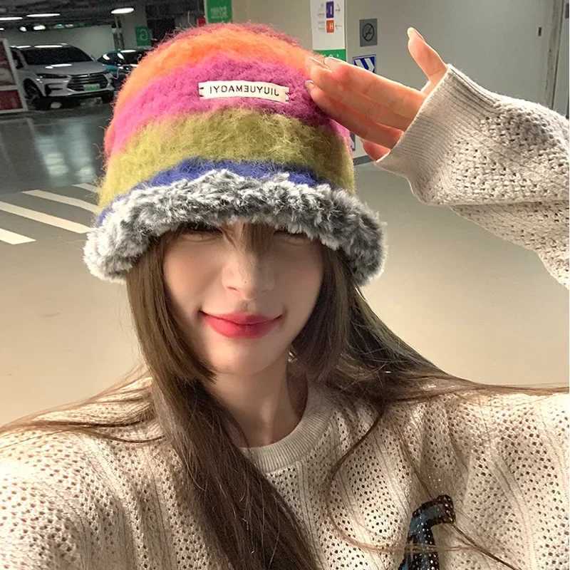 Japanese New Gradient Wool Rainbow Color Stripe Beanies Women Handmade Crochet Beanie Thick Warm Knitted Hat Winter Bucket HatX241025