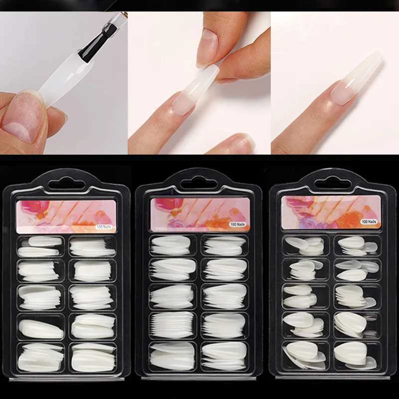 100pcs/box Natural Fake Nails Clear White Full Coverage Extension False Nails Tips T-shaped Water Drop Full Sticker For NailsXJ241025