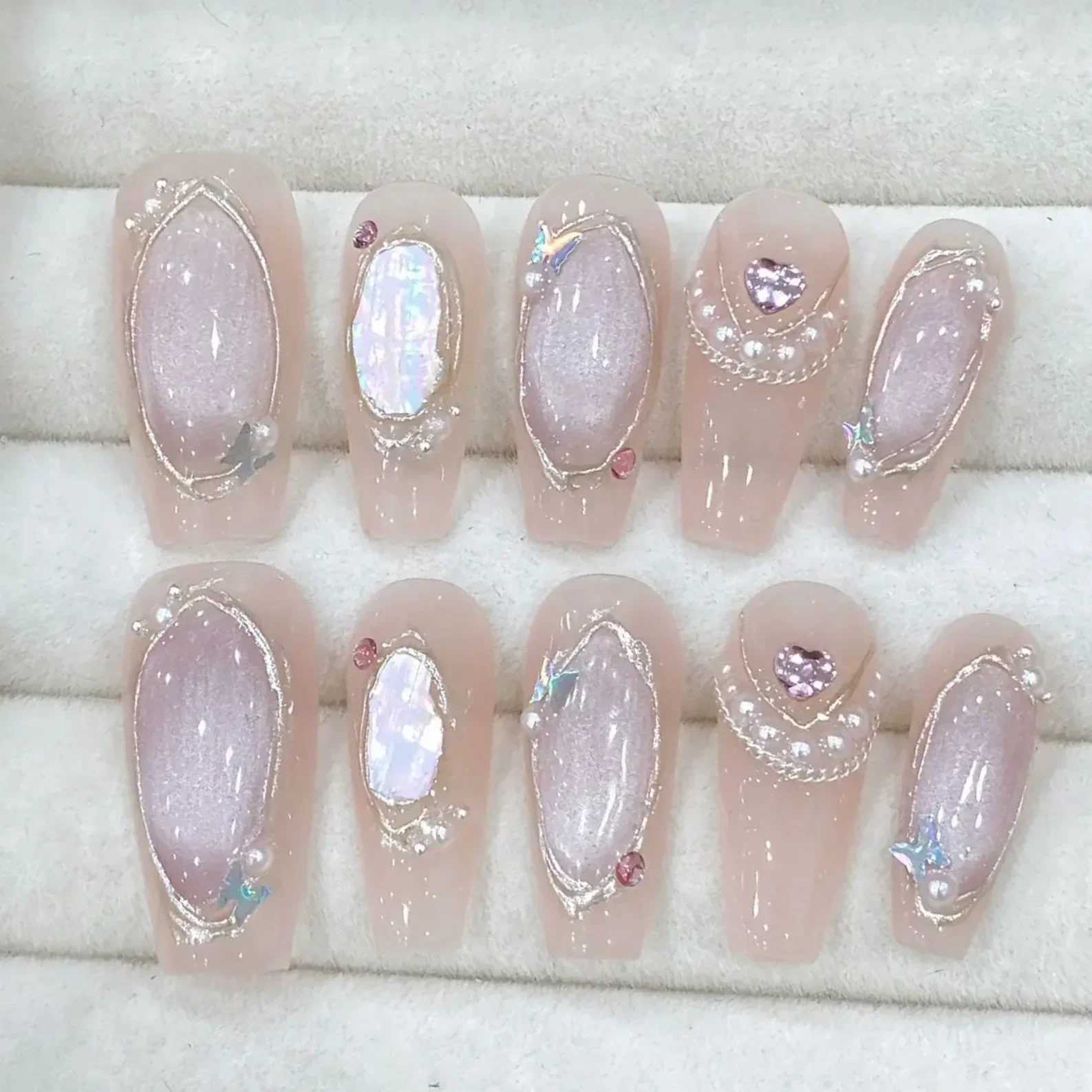 10pcs Handmade Acrylic Fake Nails with Glue Ballet Handmade Pearl Love Blush Pink Artificial Nails Full Cover Press on Nails TipXJ241025