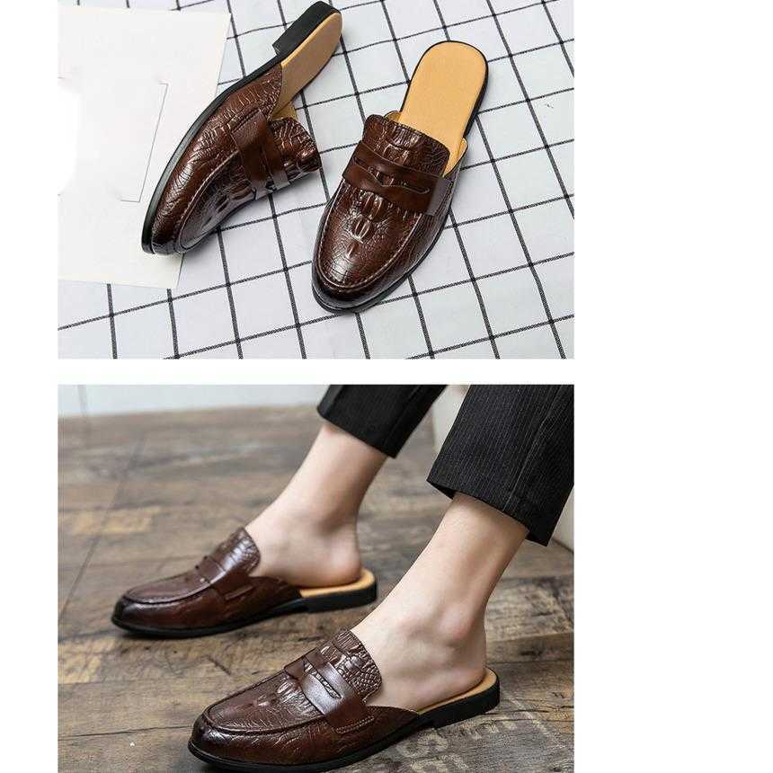 Men Dress Shoes Summer Mens Breathable Casual Shoes With Headless Half Slippers Leather Shoes British Style Crocodile Pattern Lazy Shoes Small Mens Sh