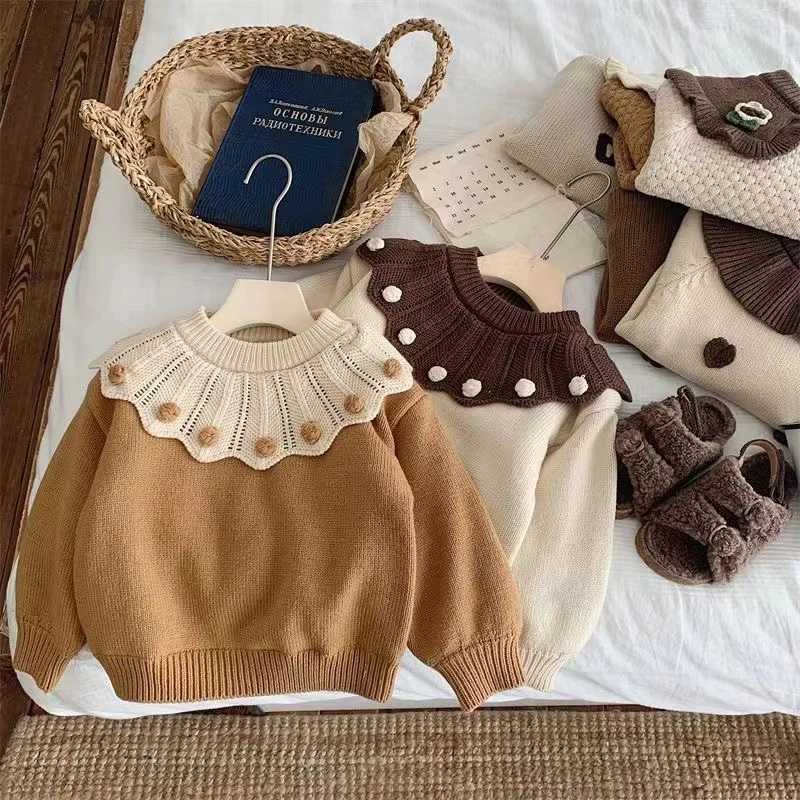Autumn winter young girl sweater thick cotton wool long sleeved girl latte art casual ball collar knitted for preschool girls W241025