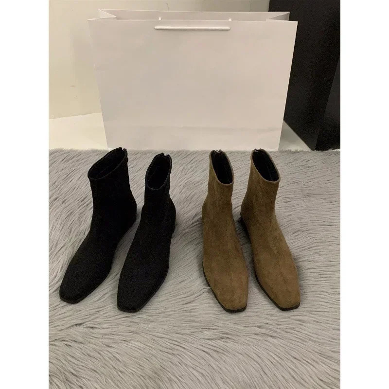 Fashion womens ankle boots winter suede leather high heels spring autumn suede corner shoes block boots 250225