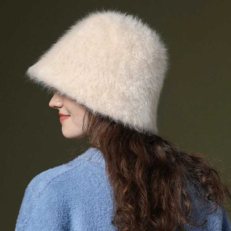 Gradient Rabbit Fur Fisherman Cap Beanies for Women Plus Velvet Warm Bucket Hat Winter Windproof Thickened Adjustable Basin HatsX241025