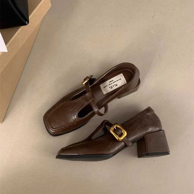 High Quality new autumn womens pump square toe leather brown buckle shoulder strap Mary Jens shoes elegant French style party dress shoes T241024