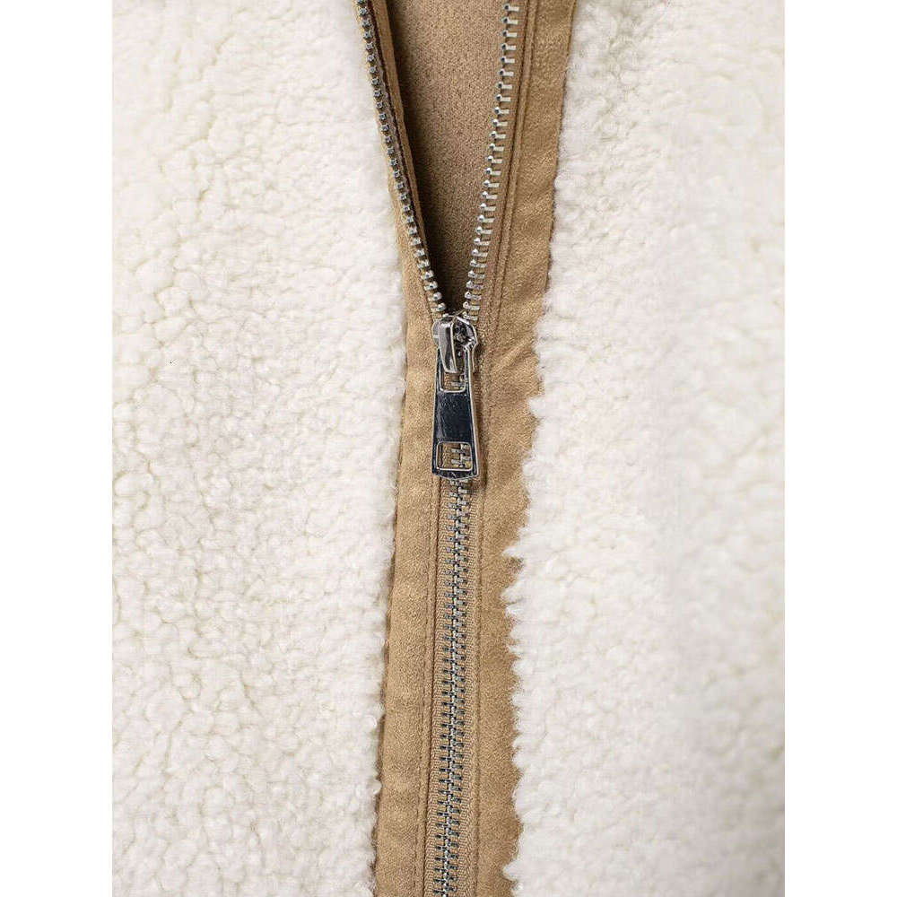 TRAF 2024 Winter Women Lamb Fleece Jacket Lapel Zipper Contrast Color Integrated Overcoat Versatile Warm Thickened Coat