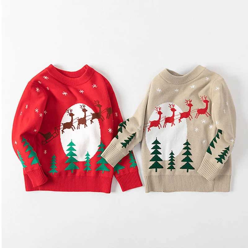 2024 New Winter Boys and Girls Sweaters 2-8 Years Thick Knitted Bottom Deer Pattern Childrens Christmas Gift W241025