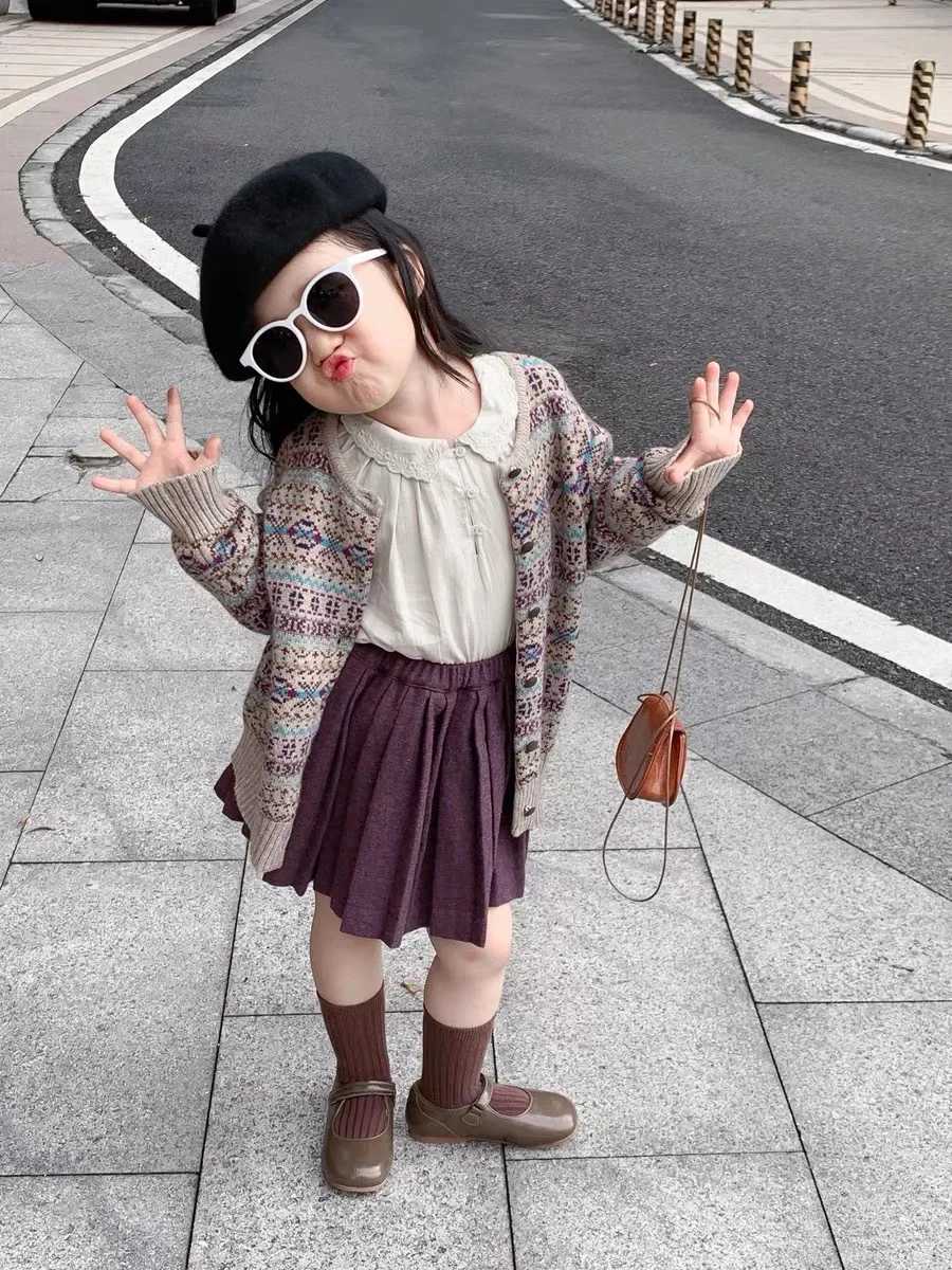 Sweater girl vintage wool cardigan pleated half skirt set baby autumn knitted half skirt 2024 W241025