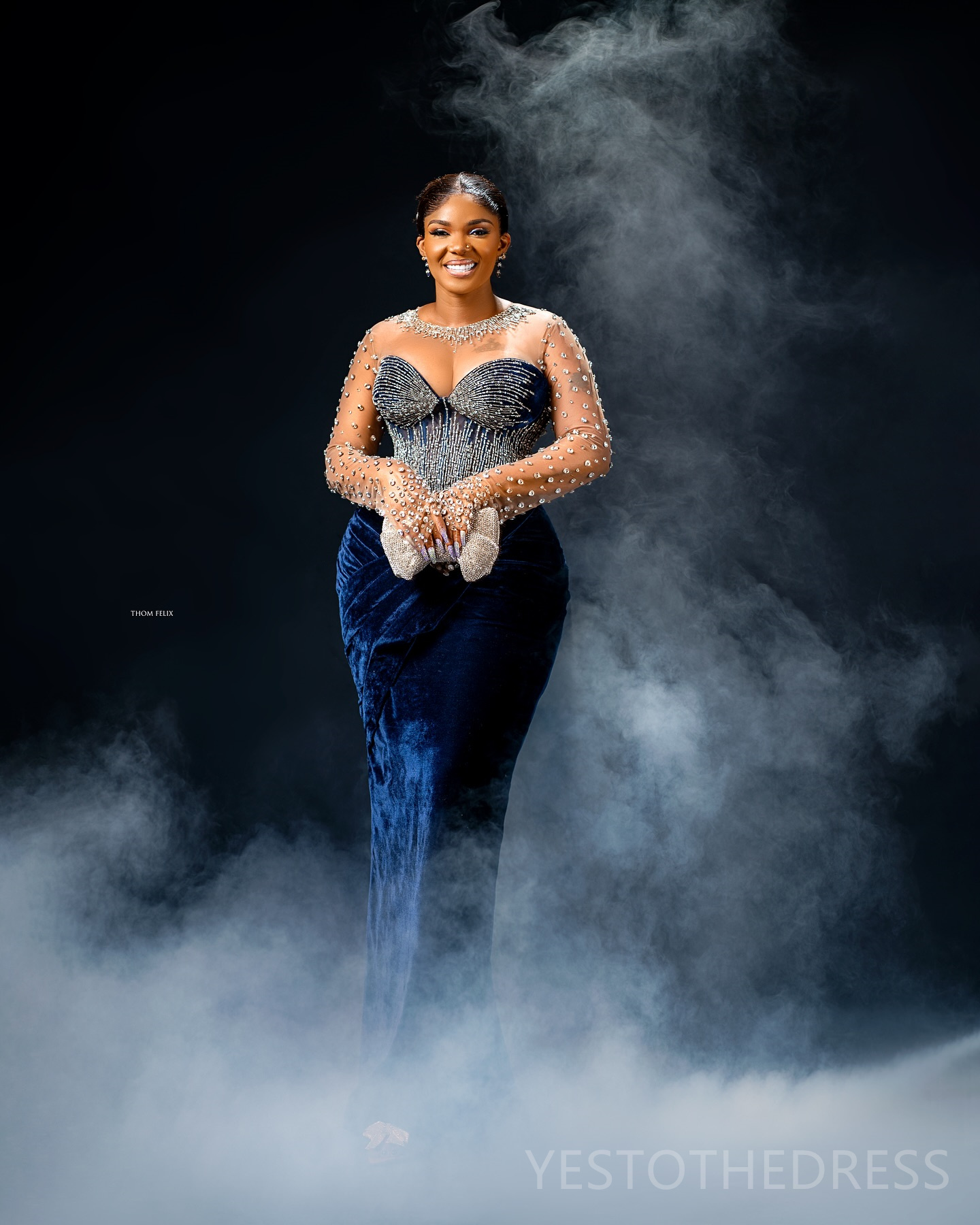 2024 Plus Size Navy Blue Prom Dress Evening Dresses Elegant Sheer Neck Velvet Mermaid Beaded Rhinestones Crystals Decorated 50TH Birthday Dress Engage
