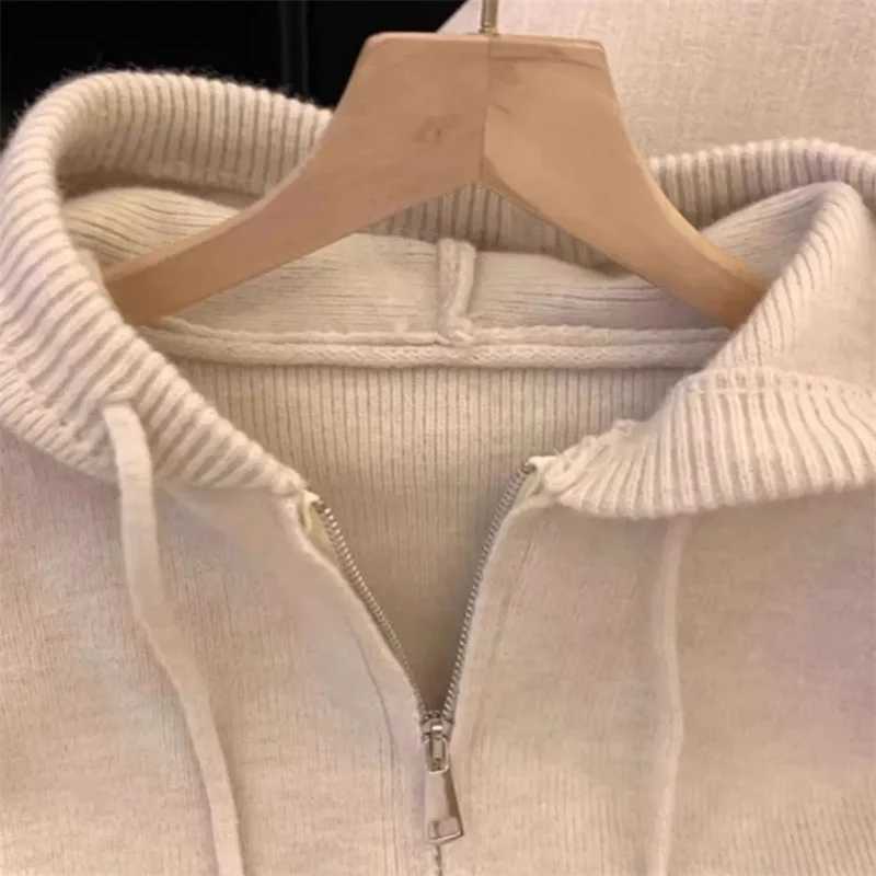Spring and Autumn womens hooded sweater cardigan top 2024 womens loose zipper knitted jacket womens fashionable long sleeved jacket W241024