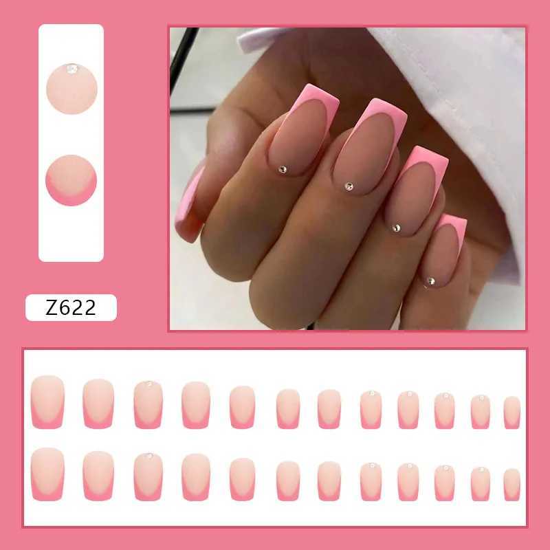 24pcs Simple French Rose Pink Rhinestone Frosted Sweet False Nails Set with Glue Artificial Cheap Fake Press on Nails for GirlsXJ241025