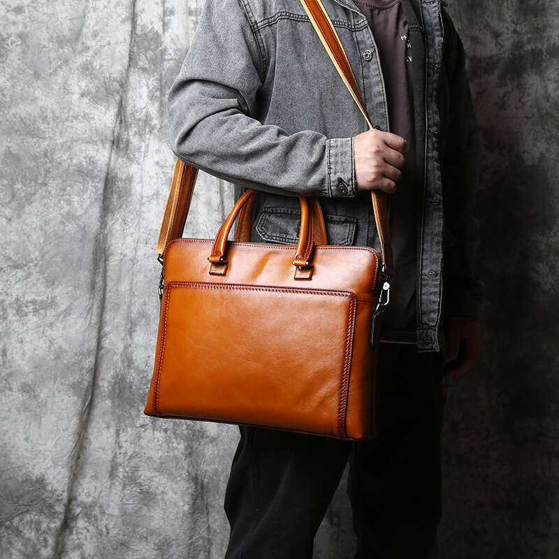Vintage Genuine Leather Men's Briefcase Natural Cowhide Horizontal Handbag Business Crossbody Casual Computer Bag