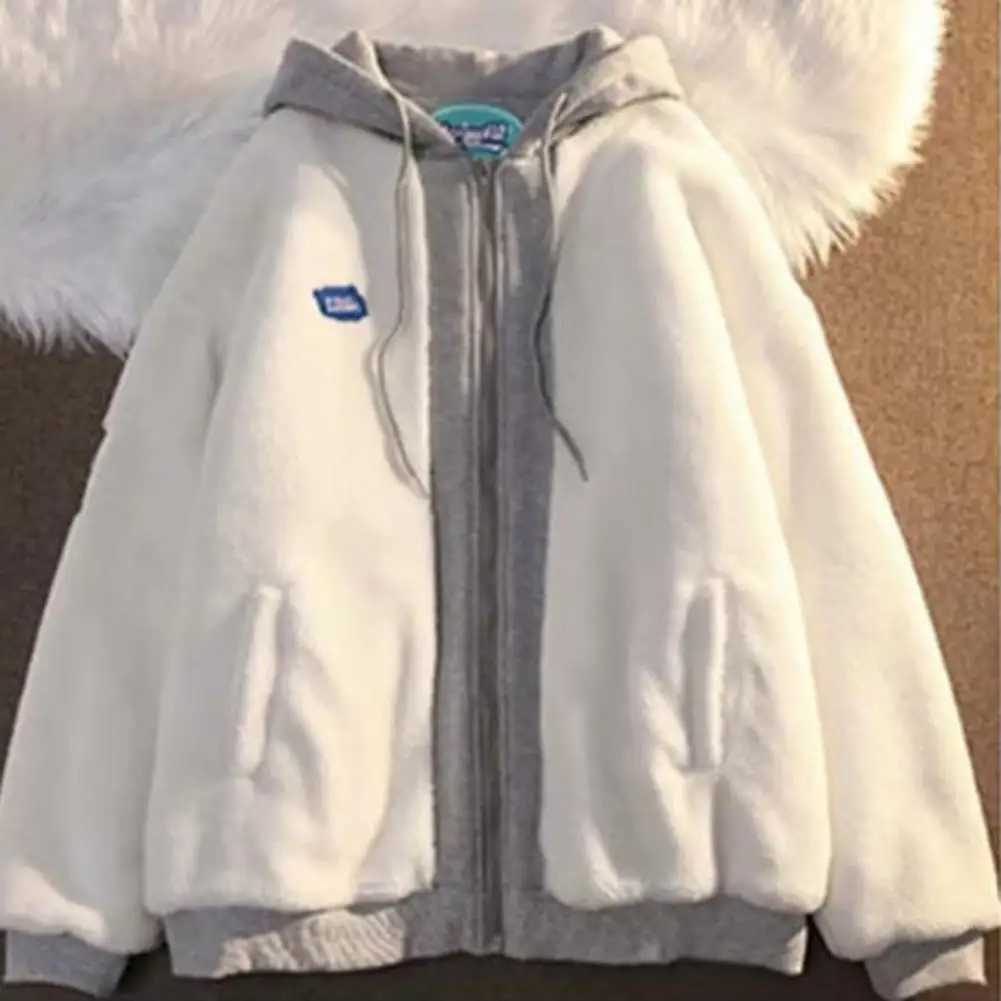 Imitation Lambswool Hoodie Thickened Hoodie Winter Hoodie Sweater Jacket with Zipper Drawstring Pocket Couple Color Lock W241024
