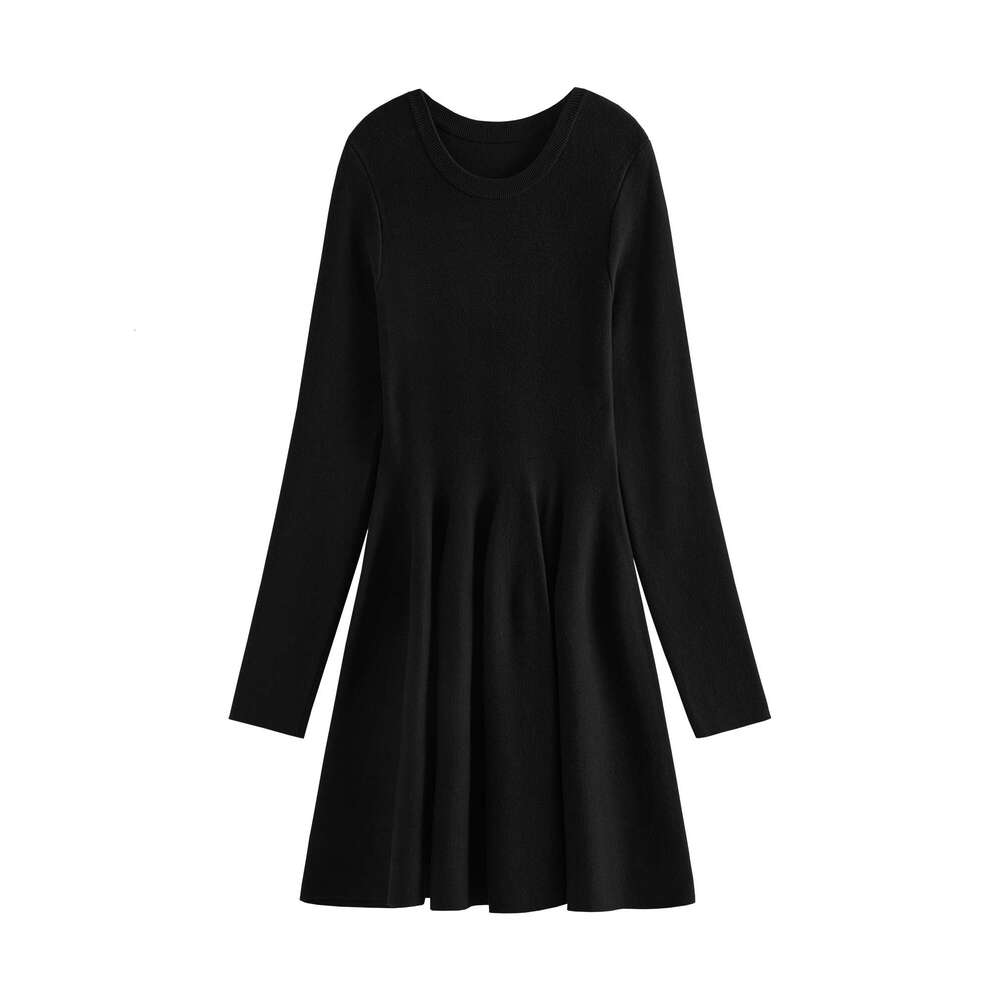 FSLE Women Winter Mini Commuter Black Round Neck Knitted Above-Knee Length Dresses French Ral Bud Dress 24Fs14487