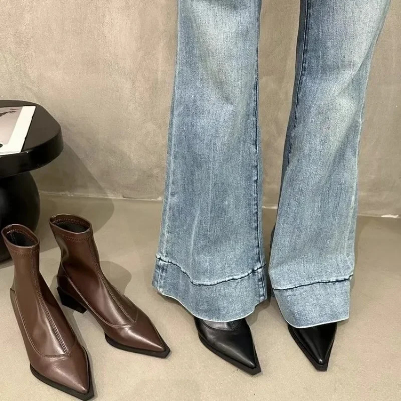 High Quality Ankle Autumn Style Modern Boots Elegant Solid Slip on Womens Sexy Point Middle Heel Street Punk Shoes 241024