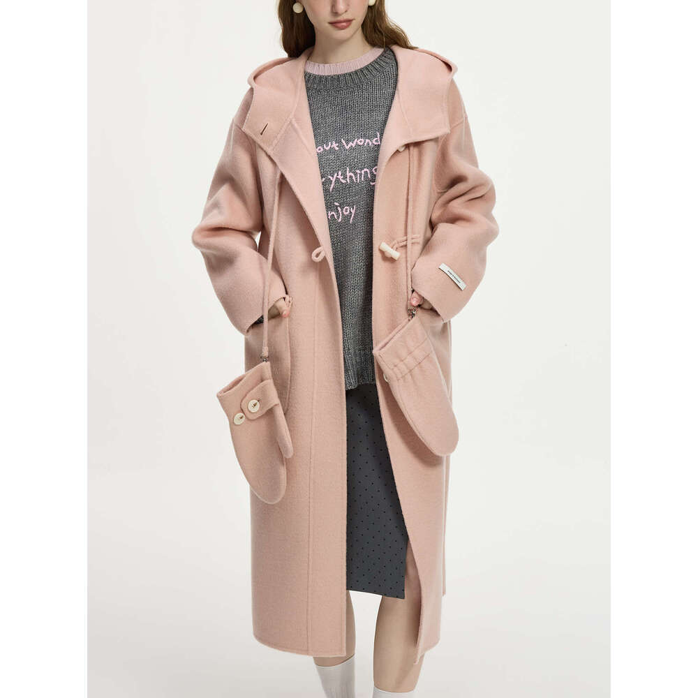 FSLE 100% Women Retro Red Horn Button Long Woolen Jackets Hooded Casual Commuter Pink Drop Sleeve Wool Coats 24Fs14227