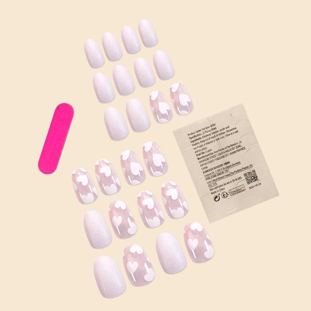 24Pc Short Oval Milky White Small Heart Glitter Powder Full Coverage Wearable Girls Women Nail Art Fake Nails SetXJ241025