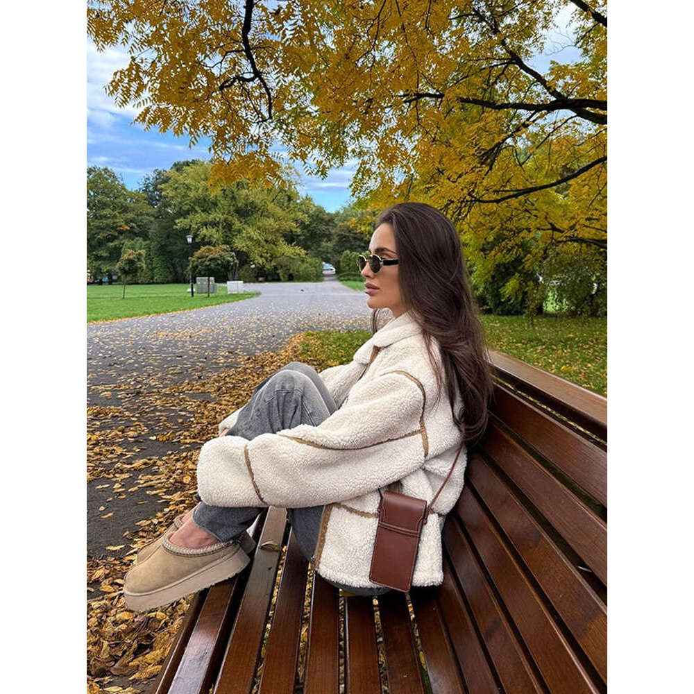 Women Adjustable Double Pockets Long Sleeve Plush Coats Fashion Patchwork Lapel Zipper Lamb Wool Jacket 2024 Winter Lady Outwear