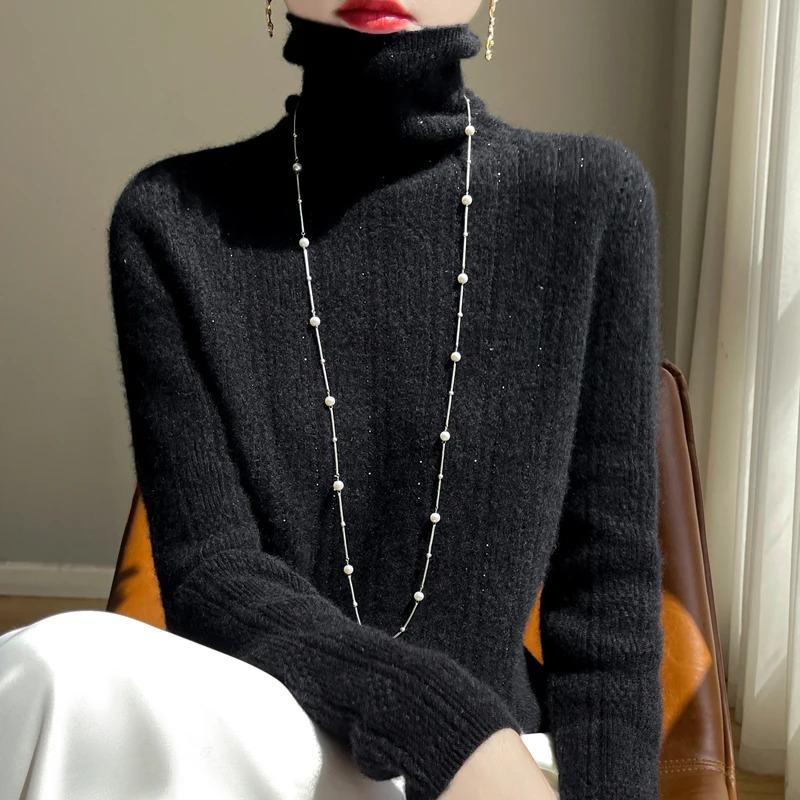 High Neck 100%Merino Wool Sweater Womens Hollow Out AutumnWinter Solid Color Diamond Warm And Soft Knit Jumper Top 241021