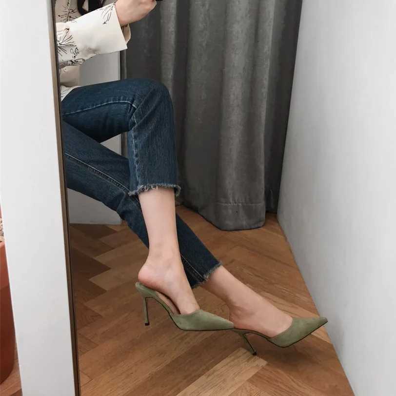 High Quality Sexy Niglub High Heels New Outerwear Half Slippers Suede Fine Heels Pointed Fi Womens Shoes T241024
