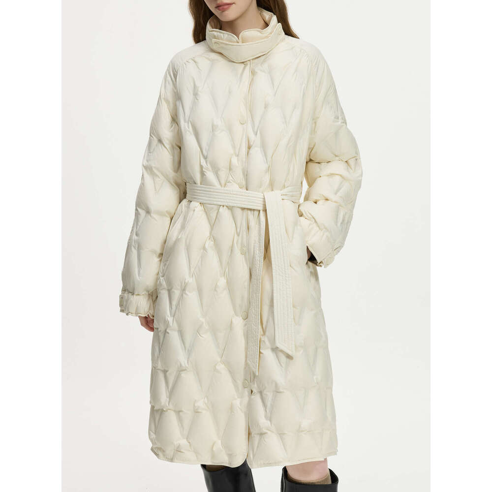 FSLE 190.6G Filg Amount Women Winter Long Jackets Stand Collar Lightweight Black Down Coat With Sashes 24Fs14461