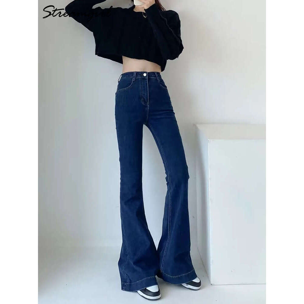 Elastic Stretch Full Denim Pants Soring Black Skinny Jean High Waist Flare Leg Blue Jeans For Women