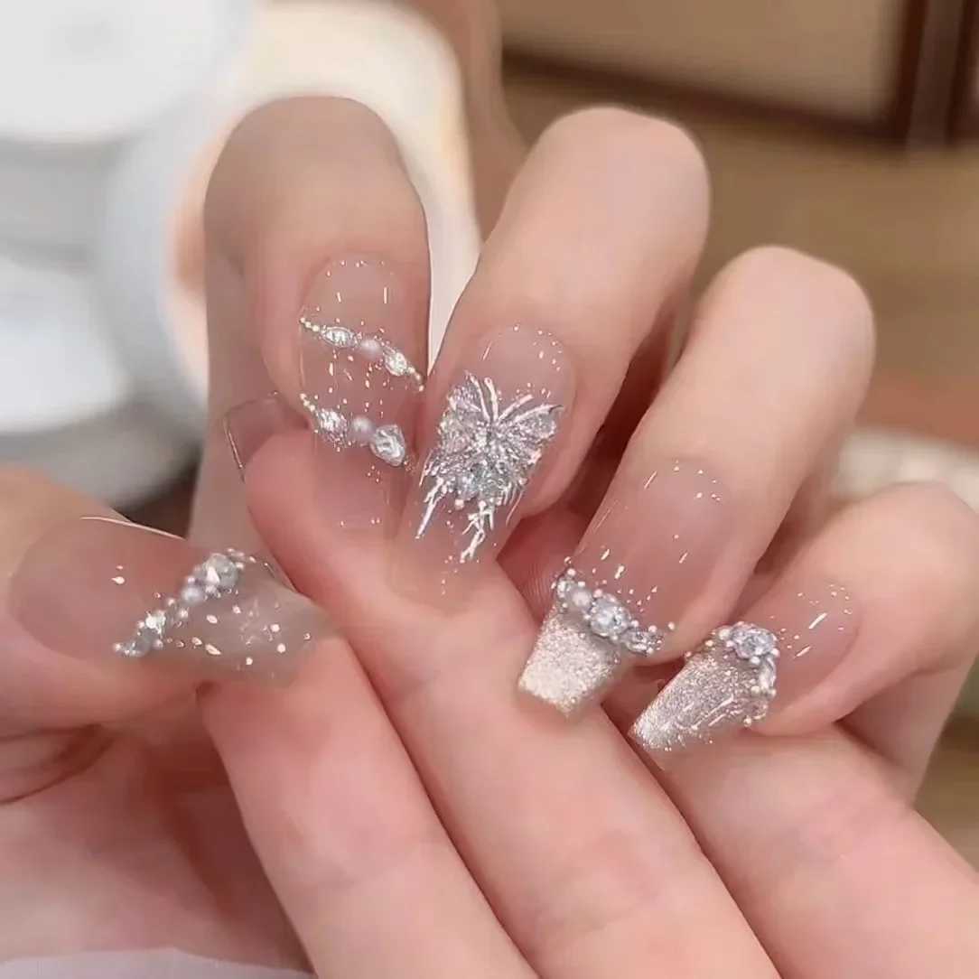 10Pcs French Handmade Press on Nails Fake Nails with Rhinestone Decoration Wearable Stick-on Nails Full Cover False Nail UasXJ241025