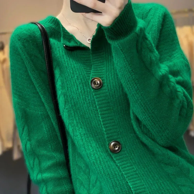 Spring 100 Pure Cashmere Sweater Coat Womens Loose Vintage Short Style Thickened Wool Knitted Cardigan 241021