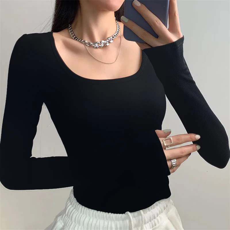 U Neck Long Sleeve Shirt Women Warm Fleece Sexy Cropped Tops Autumn Winter Black Casual Skinny Slim Basic T Shirt Woman 241024