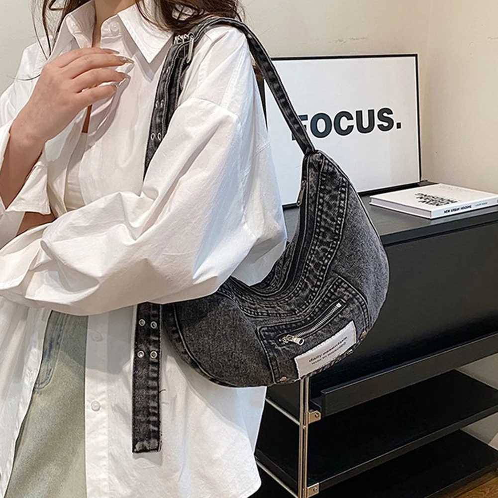 Denim Shoulder Bag Adjustable Strap Women Crescent Dual Pockets Messenger Zipper Travel Shopping Purse 241025