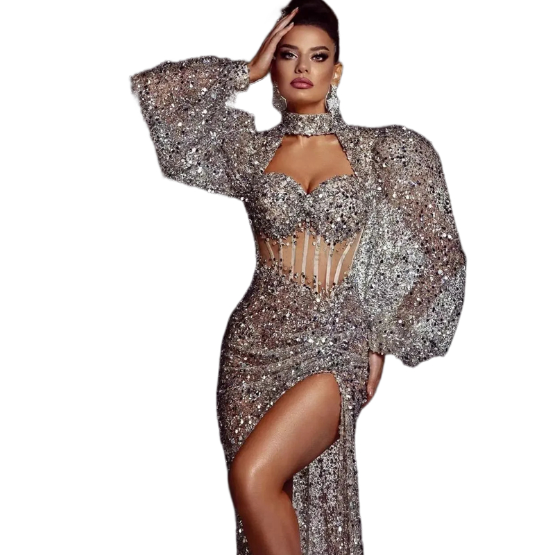 Glitter Sequined Prom Dresses Side Slit Sexy Long Evening Dress High Neck Lantern Sleeves Silver Gray Modern Special Occasion Gown For Women