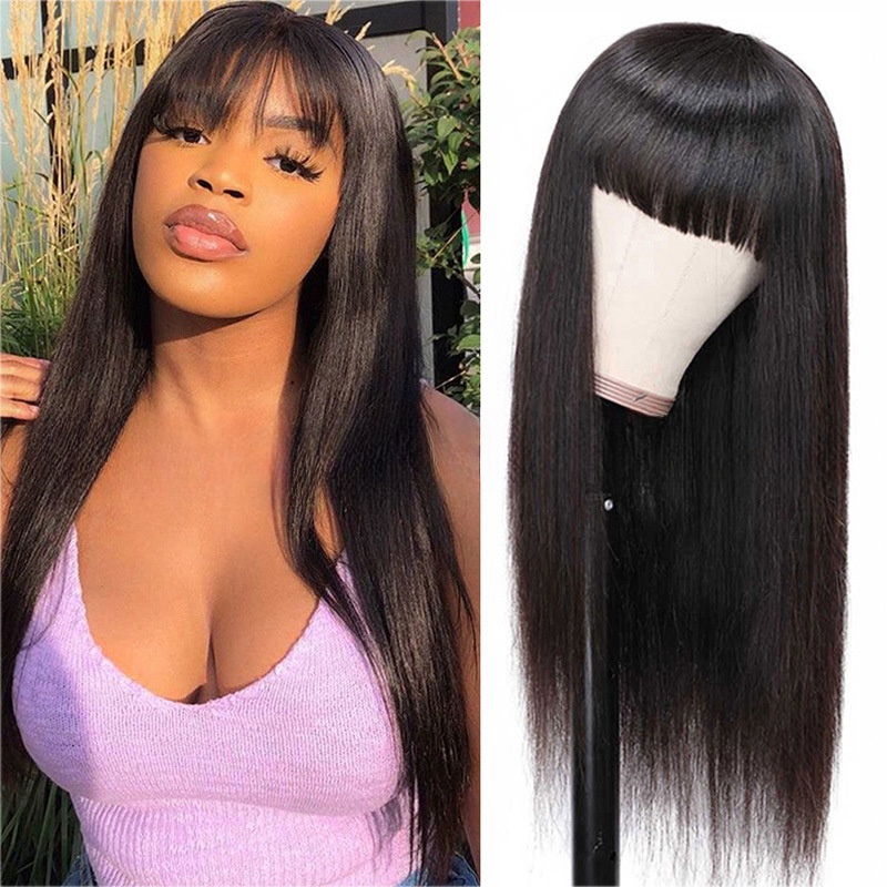Hot selling wig for women purple long straight hair with bangs simulation scalp long hair full headpiece