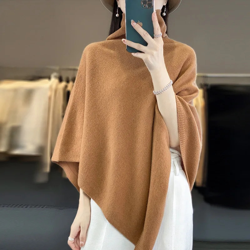 Autumn and Winter 100% Wool Pile Collar Large Shawl for Women Pure Color Asymmetrical Versatile Knitted Cape with 241021