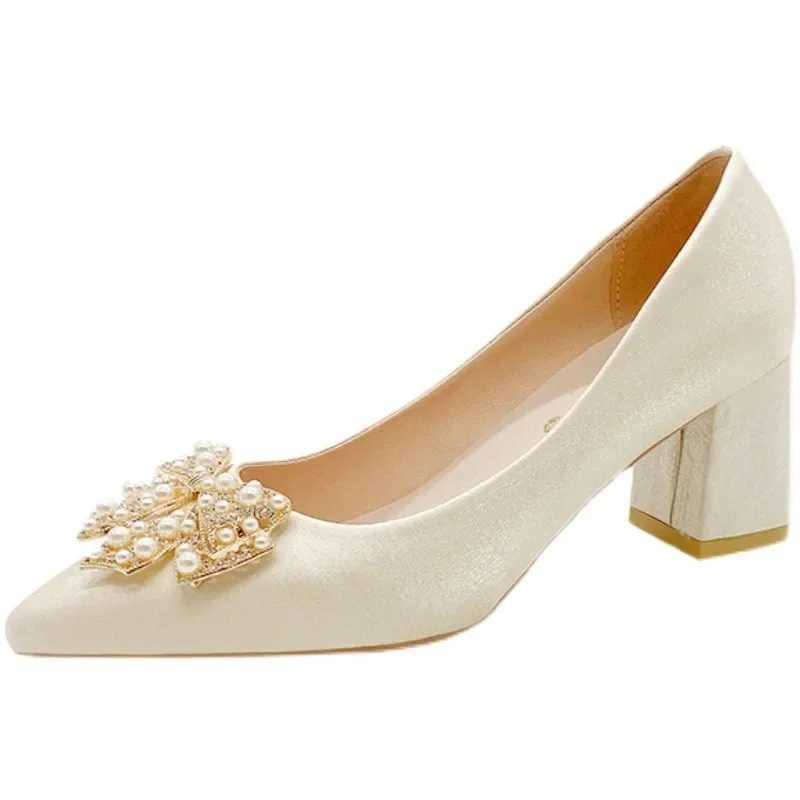 High Quality French style thick high heels suitable for womens middle and mother of pearl wedding dresses engagement bridal shoes T241024