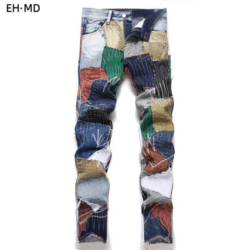 Men's Jeans Irregular Splicing Rainbow Jeans Mens Embroidered Denim Pants Lightning Thread Cat Beard Street Fashion Zipper Patch Q241024