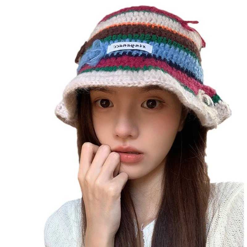 Fisherman Hat New Dopamine Sweet Cute Bow knit Hat Fresh Woven Handmade Straw Hat LadyX241025